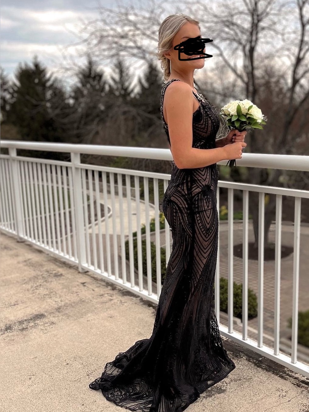 Black Lace Evening Gown with Beaded Waist